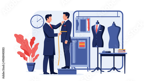 Expert tailor takes precise measurements for a custom suit at a professional fashion atelier with mannequins and fabric samples.