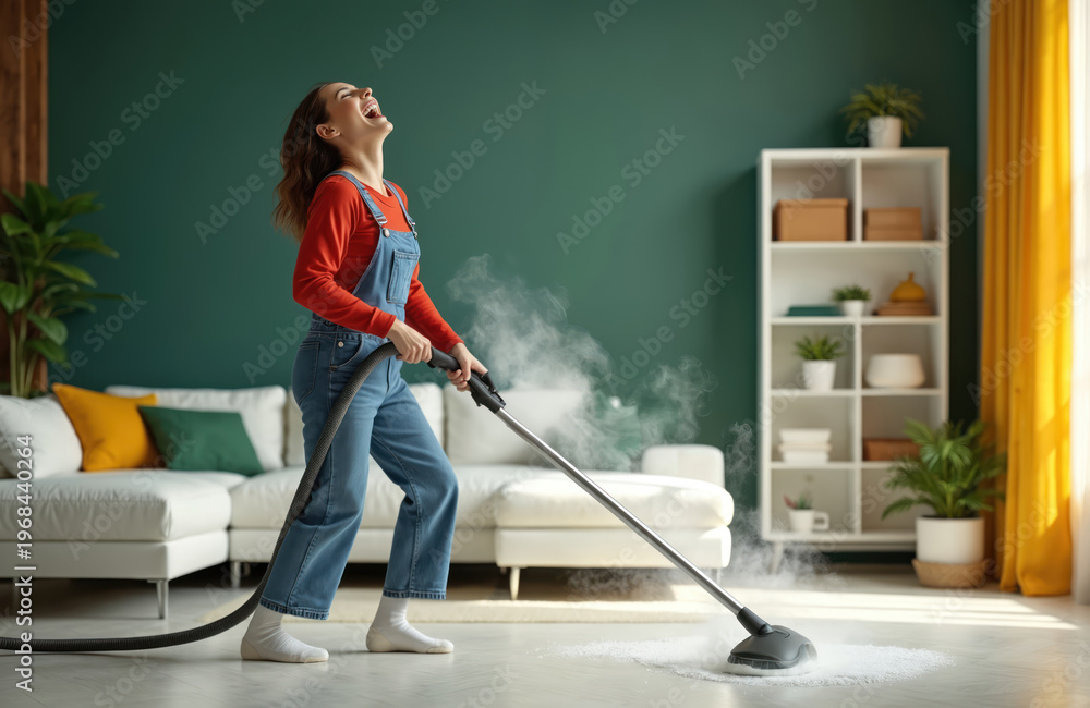 Fototapeta premium Woman happily uses steam cleaner on floor, singing along. Energetic cleaning in modern living room, domestic chore becomes fun activity, purifying air, healthy home environment.