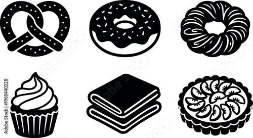 Black and white vector icons of pretzel donut cupcake napkin and fruit tart