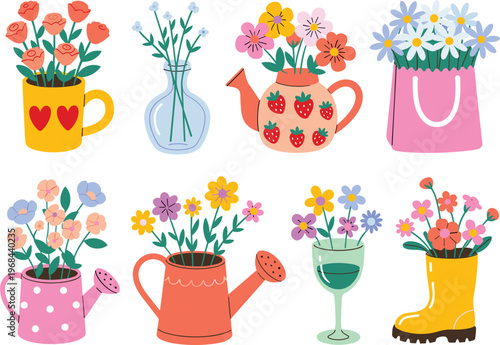 Cute flower arrangements set, colorful bouquets in pots mug teapot boot vase spring vector illustration design
