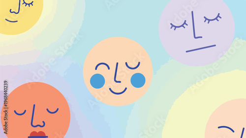 Colorful faces with simple features are over a soft, blended background