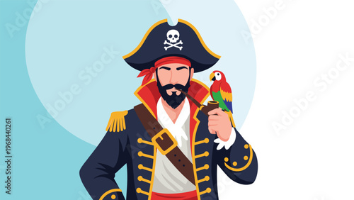 Classic pirate captain character wearing a tricorn hat and gold trimmed coat poses with a colorful parrot on his shoulder and smoking pipe.