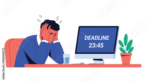 Stressed office worker holds his head in despair while sitting at his desk as the computer screen shows a fast approaching midnight deadline.