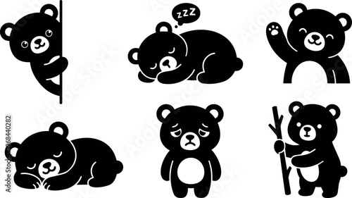 Cute black bear characters showing sleep sad and playful poses vector art