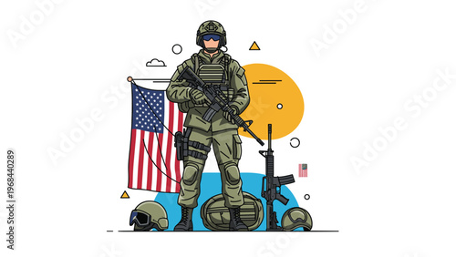 Brave american soldier in full tactical military uniform and gear stands proudly with his rifle in front of the united states flag.