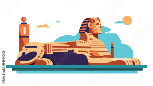 Majestic great sphinx of giza illustration depicting the ancient egyptian monument against a desert sky with clouds and a bright sun.