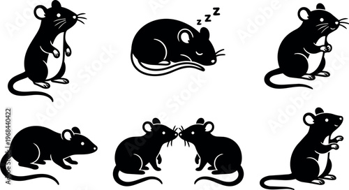 Black and white silhouette vector art of rats in various poses and sleeping with zzz symbols
