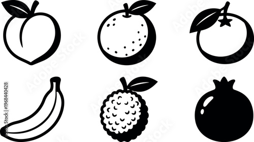 Peach orange tomato banana lychee and pomegranate icons