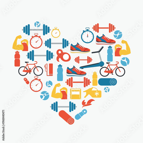 Colorful fitness-themed illustration forming a heart shape with various icons