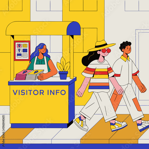 Visitor information desk with people in modern flat illustration