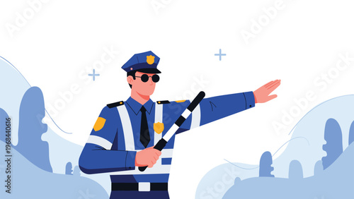 Police officer in blue uniform and sunglasses directs traffic using a signaling baton against a soft blue landscape background.