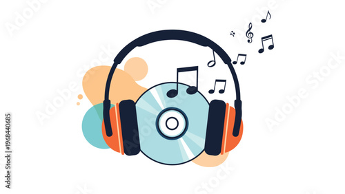 Musical concept illustration featuring large orange and black headphones placed over a compact disc with floating musical notes and shapes.
