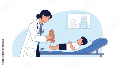 Kind female pediatrician examines a young boy in a clinic while holding a comforting teddy bear to make him feel safe and calm.