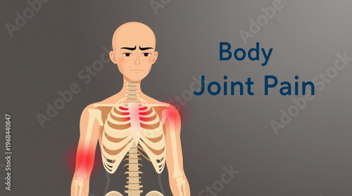 A vector graphic illustration of a human skeleton with highlighted joint pain areas
