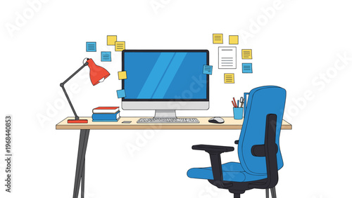 Busy office workstation featuring a computer monitor covered in colorful sticky notes with a desk lamp, books, and an ergonomic chair.