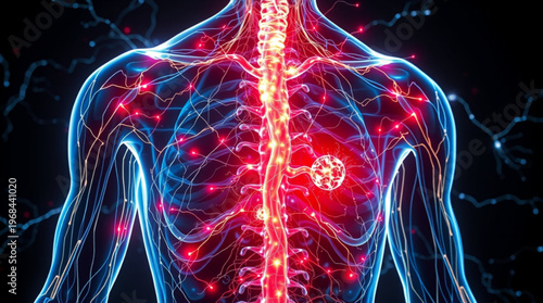 A medical illustration of a human body with a glowing spine and nervous system highlighting a tumor or inflammation in the chest area.