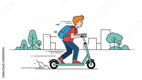 Happy boy with a blue backpack riding an electric scooter through a city landscape with building silhouettes and green trees.
