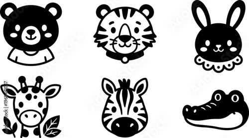 Bear tiger rabbit giraffe zebra and crocodile faces