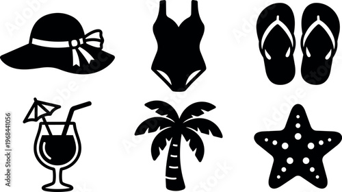 Black beach hat swimsuit flip flop cocktail palm tree and starfish summer icons