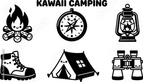 Kawaii camping set with smiling campfire compass lantern boot tent binoculars black and white line art