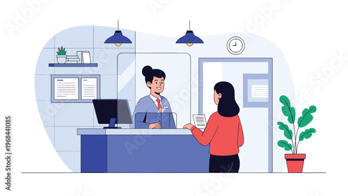 Friendly receptionist at a service desk assists a customer in a modern office or clinic setting with a computer and partitions.