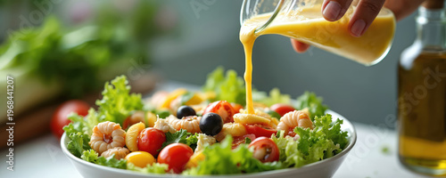 Woman prepares fresh salad with shrimp, olives, tomatoes. She pours dressing on leafy greens in bowl. Healthy meal with clean ingredients for diet.