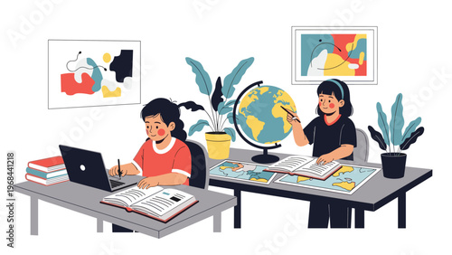 Two young school girls study together at a desk using a laptop computer, books, and a globe to learn about geography.