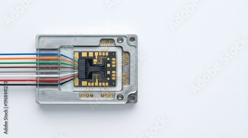 Microchip with colored wires, modern technology and electronic component ,photonic quantum computing, fiber optic, optical waveguide, quantum photonics, crystal background,copy space
