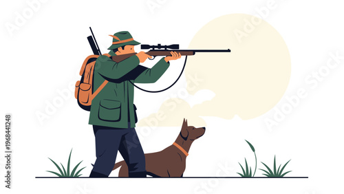 Professional hunter wearing a green jacket takes careful aim with a scoped rifle while his brown dog watches nearby.