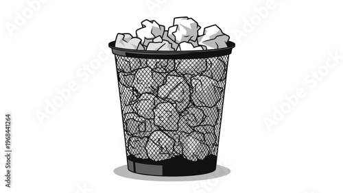 Wire mesh wastebasket filled to the brim with numerous crumpled pieces of white paper, suggesting office waste or ideas.