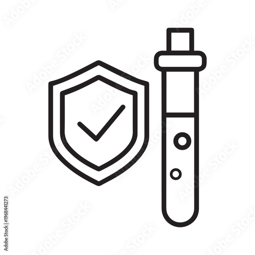 laboratory tested experiment, chemically safe icon, proof chemical resistant , flask with shield, linear vector illustration
