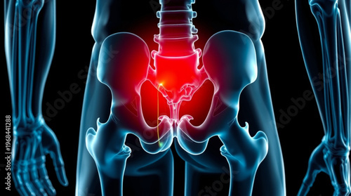 Severe Lower Back Pain Concept with Glowing Spine and Pelvis Medical Illustration