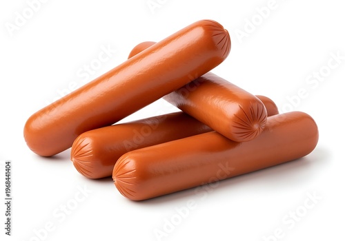 A pile of four hot dogs on a white background  sausages stacked together