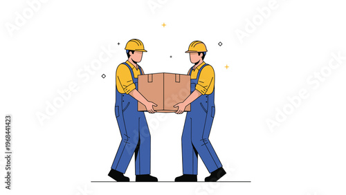 Two professional male movers wearing yellow hard hats and blue overalls carry a large cardboard box together during a move.