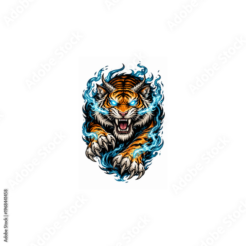Tigre  con corna e fiamme blu in stile tatuaggio. Generative AI 