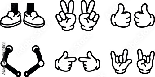 Black and white cartoon style hands and feet showing various gestures vector art