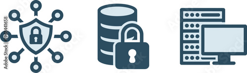 Security icons vector set, minimalist black vector illustration of 3 security symbols including lock, shield, and key for digital security and cybersecurity design.