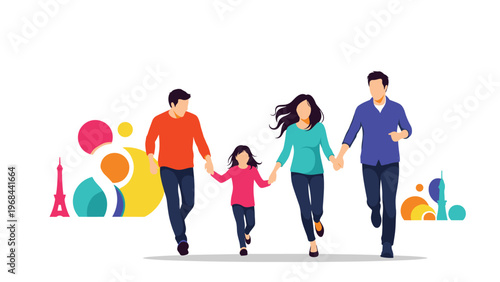 Happy family of four running and holding hands against a vibrant abstract background featuring world landmarks like Paris.