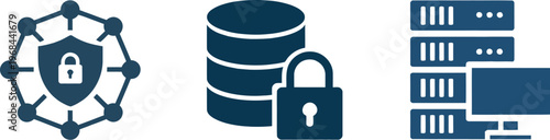 Security icons vector set, collection of 3 black and white symbols representing protection privacy and safety for apps, websites, and UI design.