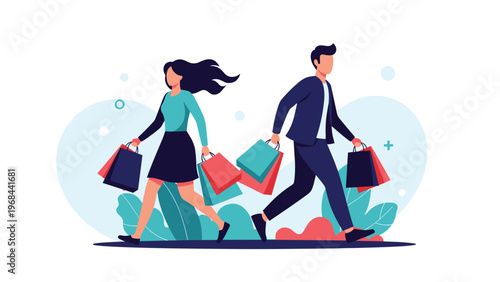 Fashionable man and woman walking in opposite directions while carrying multiple colorful shopping bags from a retail trip.