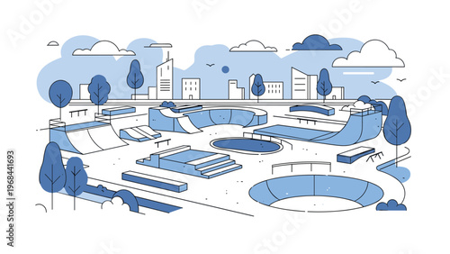 Modern outdoor skatepark design with various ramps, bowls, and rails for skateboarding and extreme sports activities.