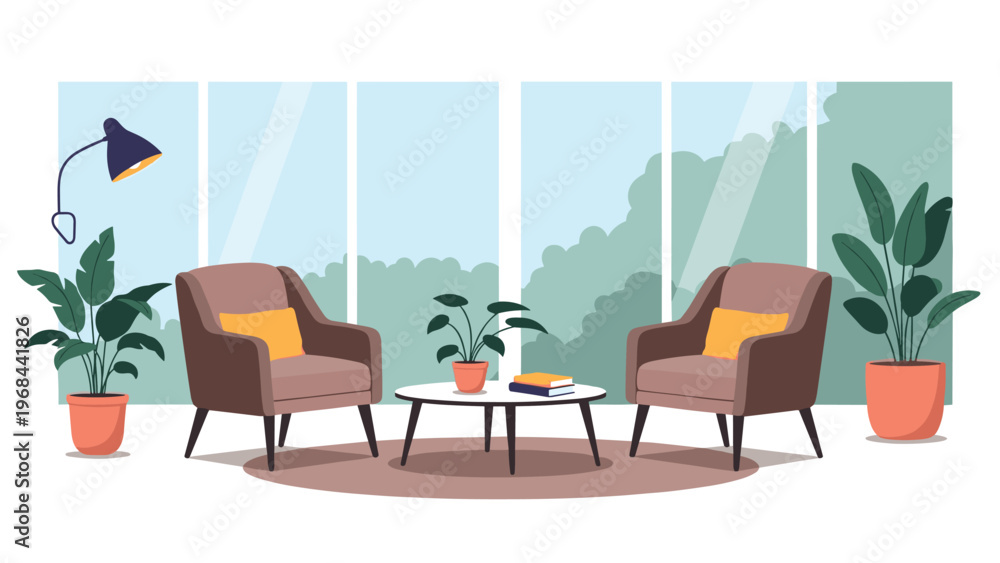 Fototapeta premium Stylish living room interior featuring two brown armchairs, a coffee table, and large windows overlooking green trees.