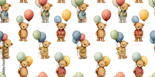 Seamless pattern of a bear holding a balloon for children and babies.
