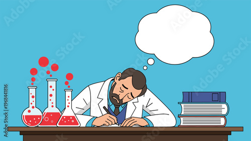 Scientist in a white lab coat sleeping at his desk with chemical flasks and books while an empty thought bubble floats above.