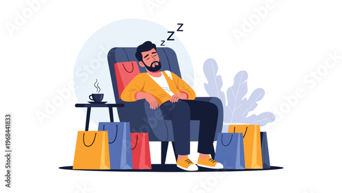 Exhausted man sleeping in a blue armchair surrounded by many colorful shopping bags and a cup of coffee after shopping.