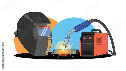 Professional welding equipment including a dark protective helmet, a welding torch with sparks, and a red power machine.