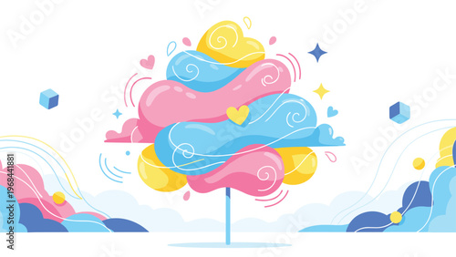 Abstract colorful illustration of sweet cotton candy on a stick with swirls of blue, pink, and yellow against a white sky.