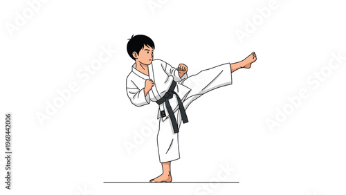 Determined young boy in a white martial arts uniform with a black belt performing a high kick on a white background.
