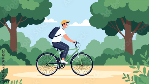 Young man wearing a backpack and yellow cap riding a green bicycle along a path through a lush forest on a sunny day.