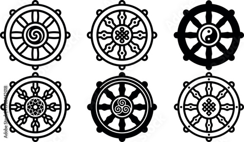 Black and white yin yang and spiritual symbol wheels vector art set